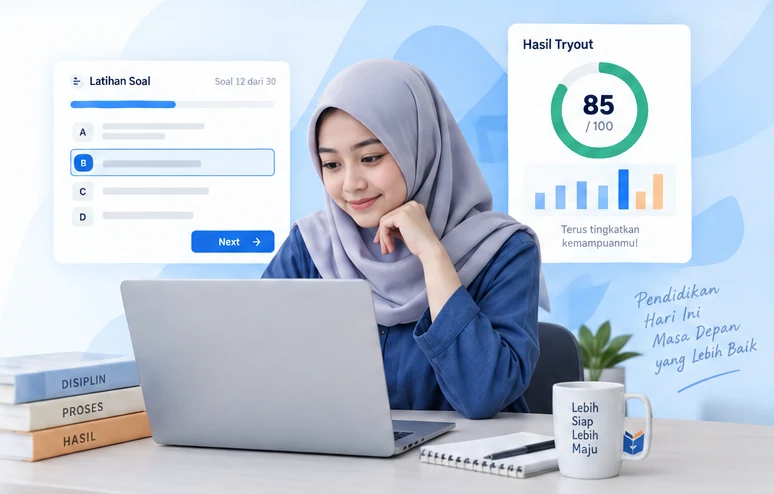 Siswa mengerjakan latihan soal di laptop, dengan kartu soal dan hasil tryout 85 dari 100